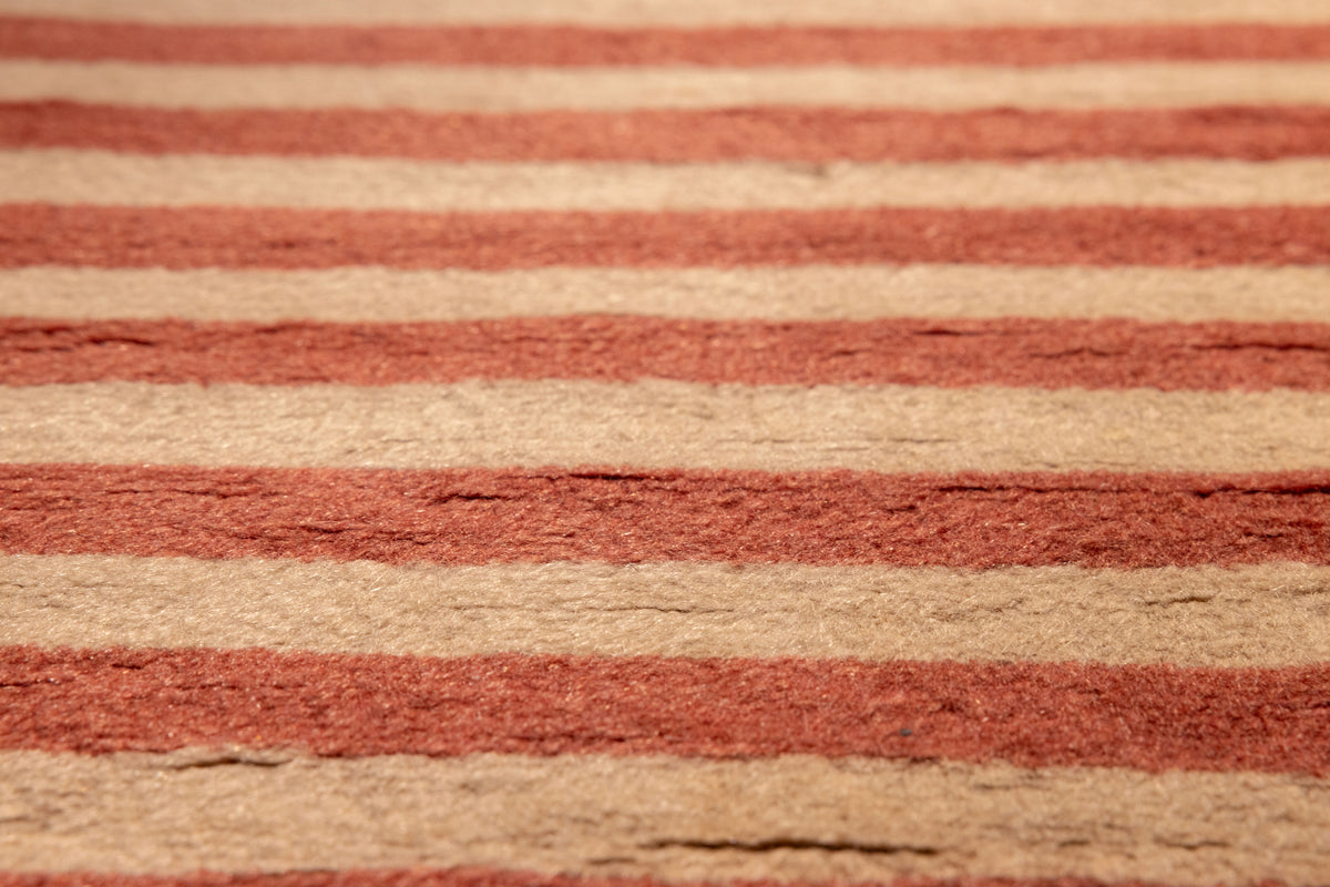 Hand-woven vintage Isparta rug with a red and beige striped pattern in wool and cotton.