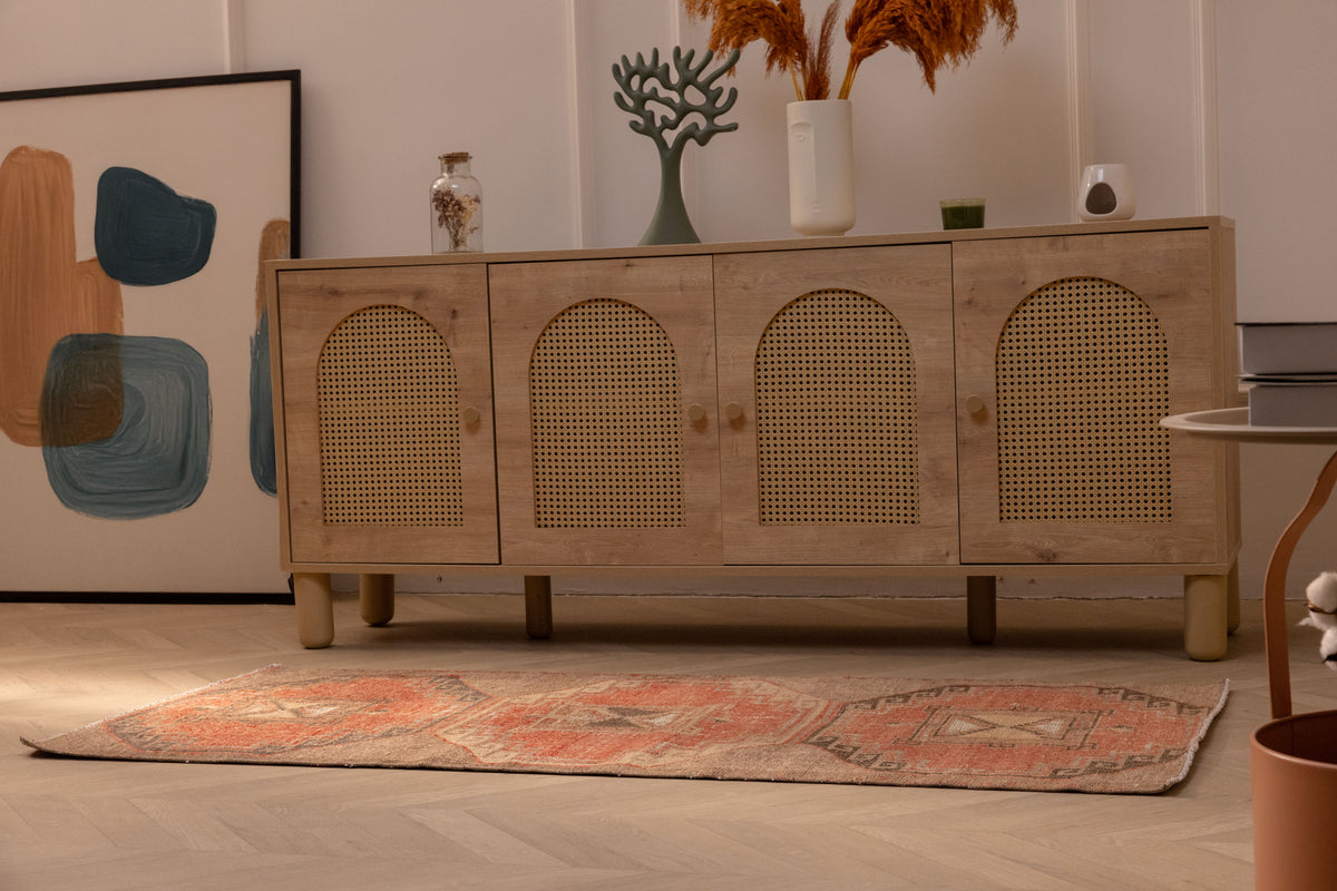 Vintage Malatya runner rug in orange and brown with geometric patterns, handmade from wool and cotton, 2.6 x 5.6 ft.