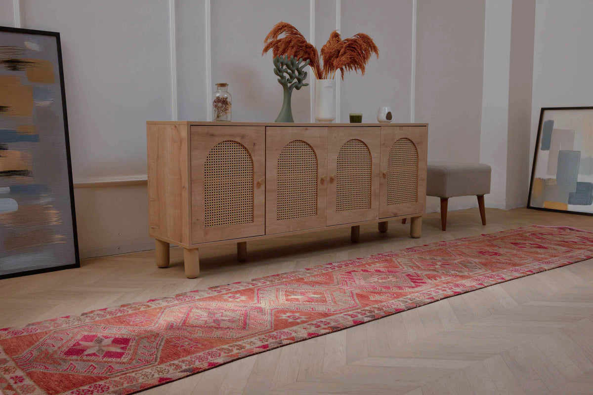 Handmade 2.7x12.6 ft Persian-style wool and cotton runner rug in brown and pink with a maximalist floral bohemian pattern.