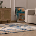 Vintage Niğde Turkish Area Rug 5x8 ft — White & Navy Geometric