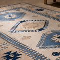 Vintage Niğde Turkish Area Rug 5x8 ft — White & Navy Geometric