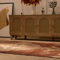 Vintage 5x9 ft brown Turkish Kars area rug with geometric patterns, hand-woven from wool and cotton in a farmhouse style.
