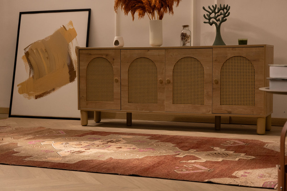 Vintage 5x9 ft brown Turkish Kars area rug with geometric patterns, hand-woven from wool and cotton in a farmhouse style.