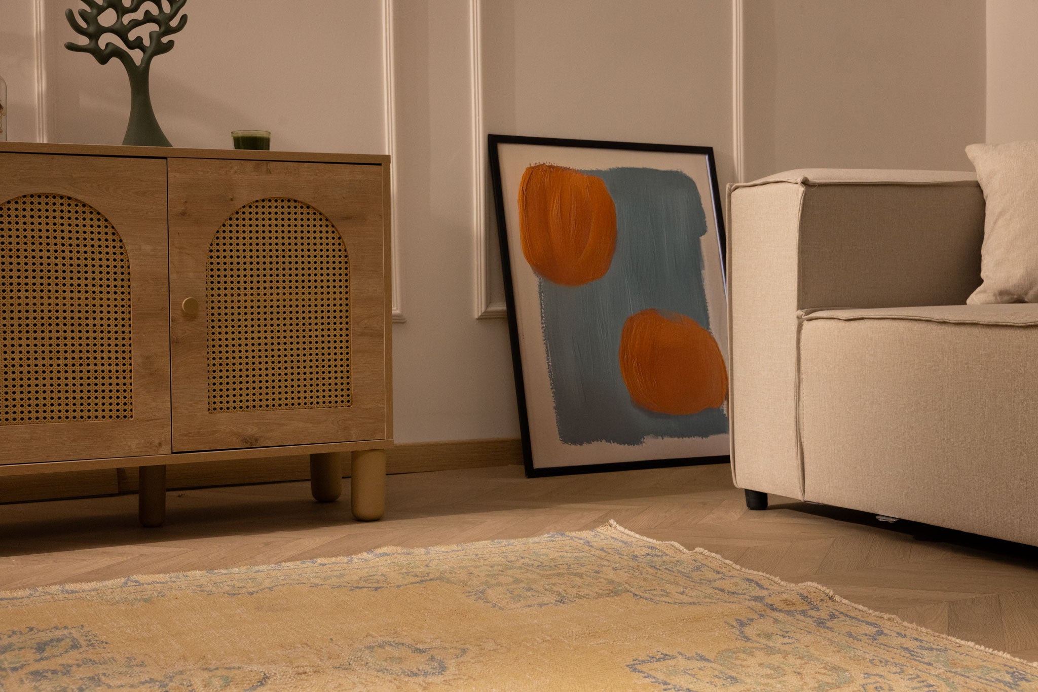 Hand-woven vintage Manisa Turkish rug in yellow and blue floral wool and cotton, 4x8 ft, styled in a modern living room.