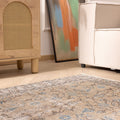 Hand-woven 3x7 ft vintage Isparta Turkish rug with orange floral motifs in a bohemian living room setting.