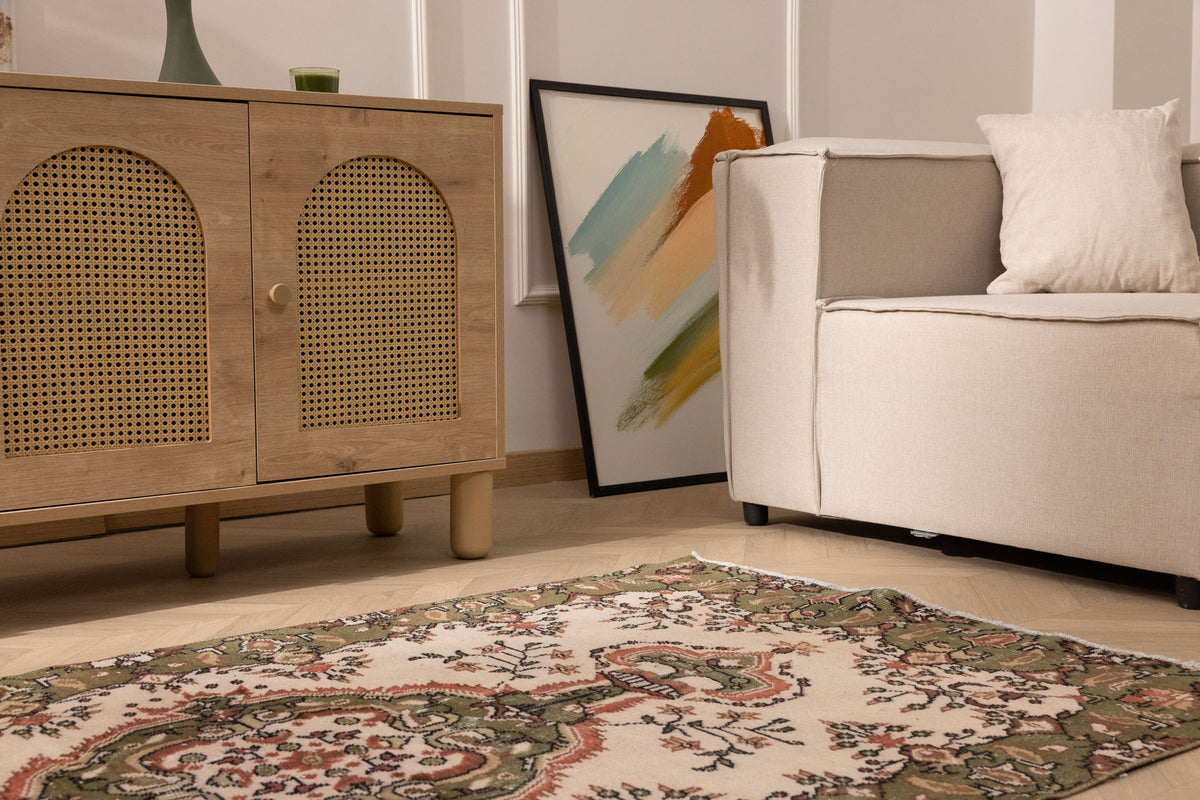 Hand-woven vintage Isparta rug in white and sage green with floral maximalist patterns, 3x6 ft wool and cotton blend.