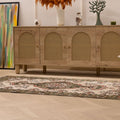 Hand-woven vintage Isparta rug in white and sage green with intricate floral patterns, 3.5x6.6 ft wool and cotton blend.