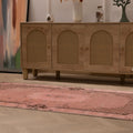 Vintage pink overdyed Turkish area rug with floral patterns, hand-woven wool and cotton, 3x6 ft size.