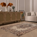 Vintage Isparta Turkish Area Rug 4x6 ft — White & Brown Floral