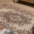Vintage Isparta Turkish Area Rug 4x6 ft — White & Brown Floral