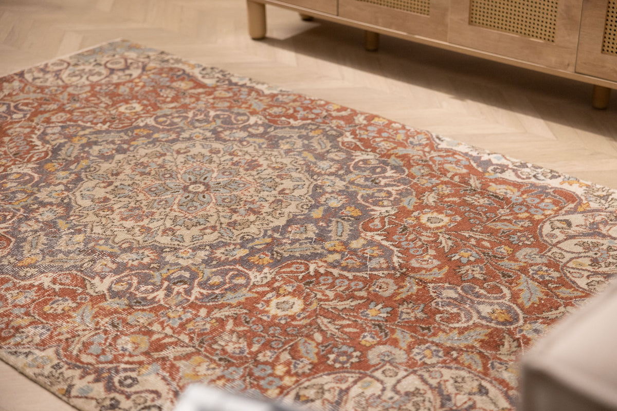 Vintage Isparta Turkish Area Rug 4x7 ft — Red Floral