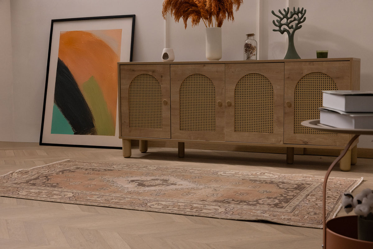 Vintage 4x7 ft brown Isparta Turkish area rug with intricate floral patterns and handmade wool-cotton blend construction.