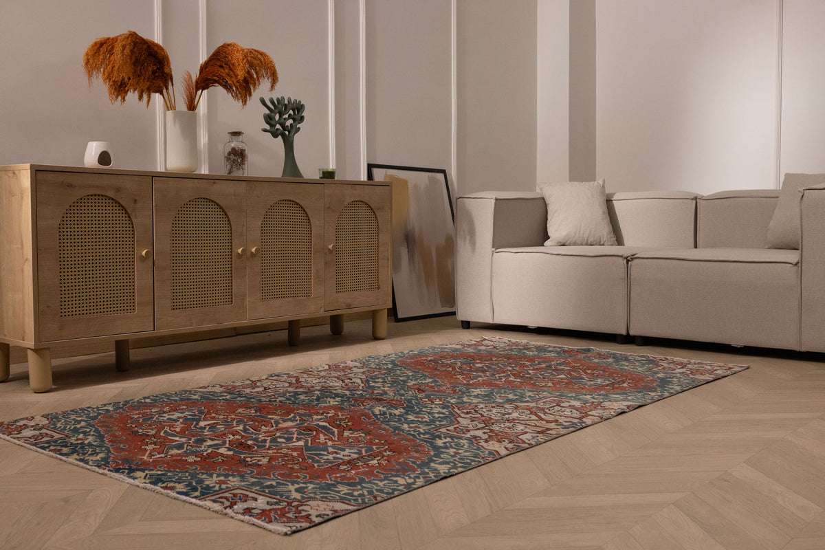 Vintage Isparta Turkish Area Rug 4x7 ft — Red & Blue Floral