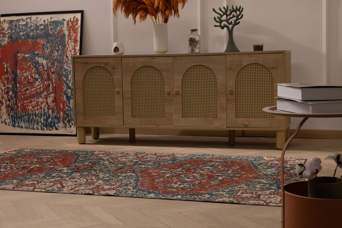 Vintage Isparta Turkish Area Rug 4x7 ft — Red & Blue Floral