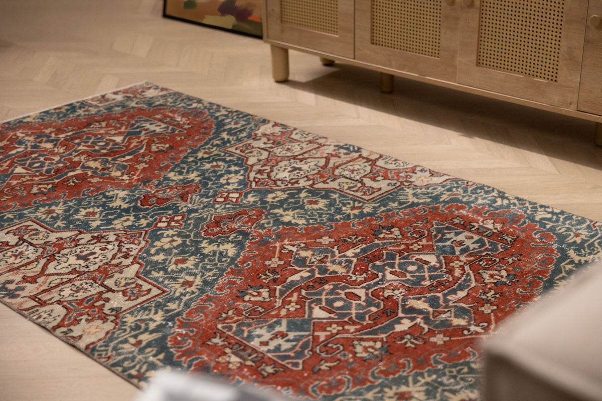 Vintage Isparta Turkish Area Rug 4x7 ft — Red & Blue Floral