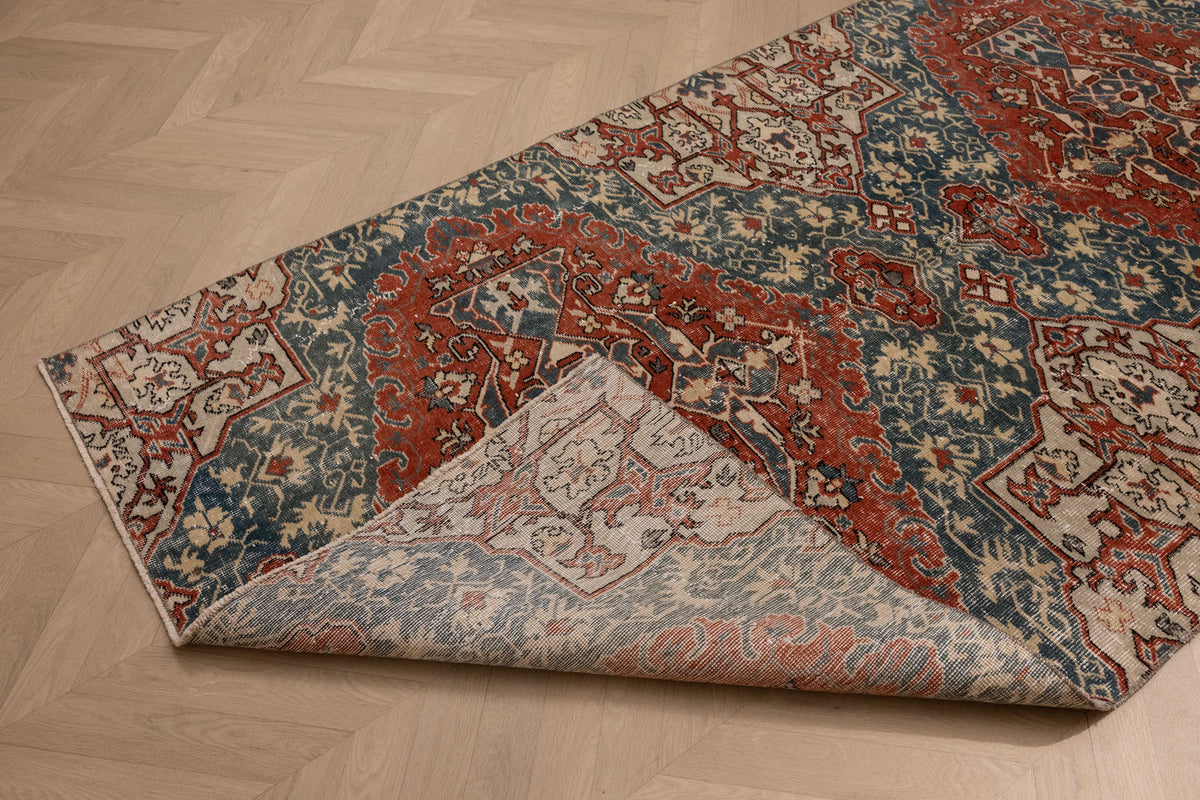 Vintage Isparta Turkish Area Rug 4x7 ft — Red & Blue Floral