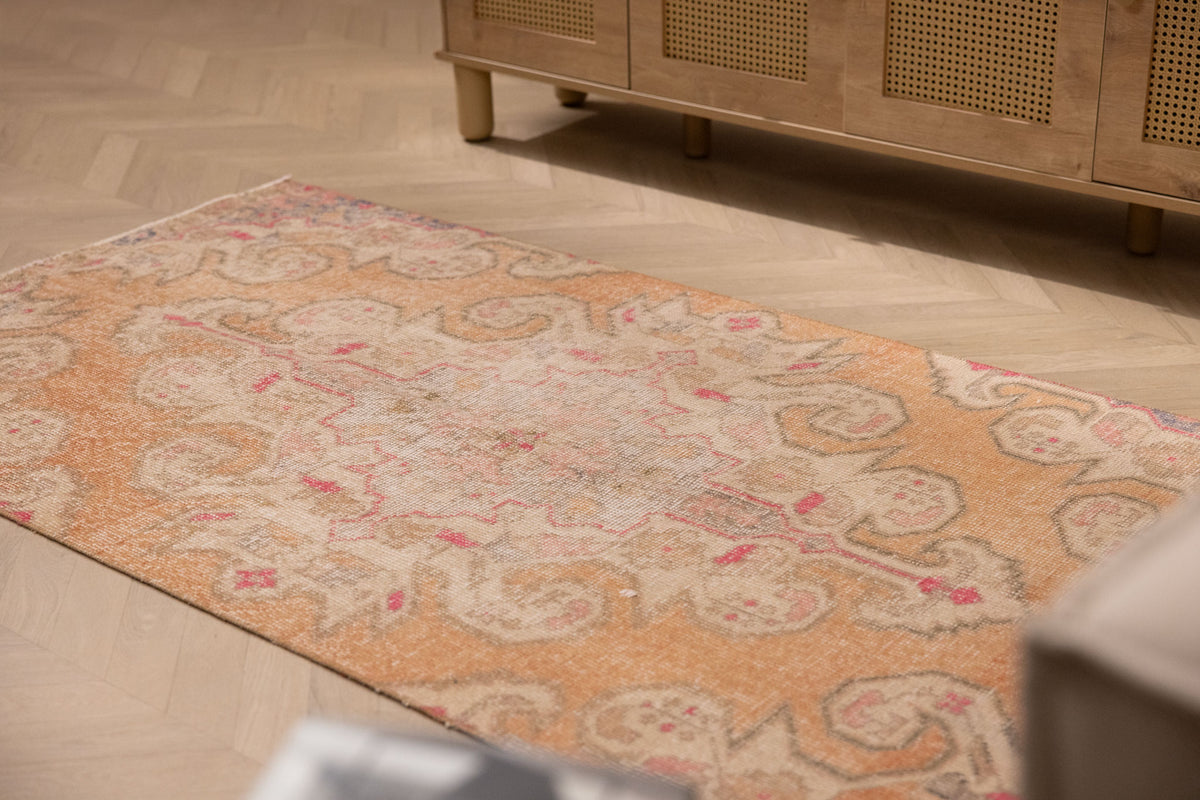 Vintage Nevşehir Turkish Area Rug 3x6 ft — Orange & Beige Floral
