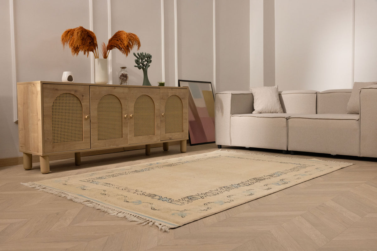Vintage Denizli Turkish Area Rug 5x7 ft — Beige Geometric