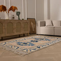 Vintage Niğde Turkish Area Rug 4x6 ft — Beige & Blue Geometric (No. 48965)
