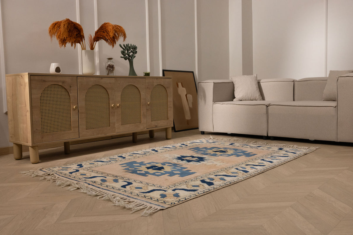 Vintage Niğde Turkish Area Rug 4x6 ft — Beige & Blue Geometric (No. 48965)