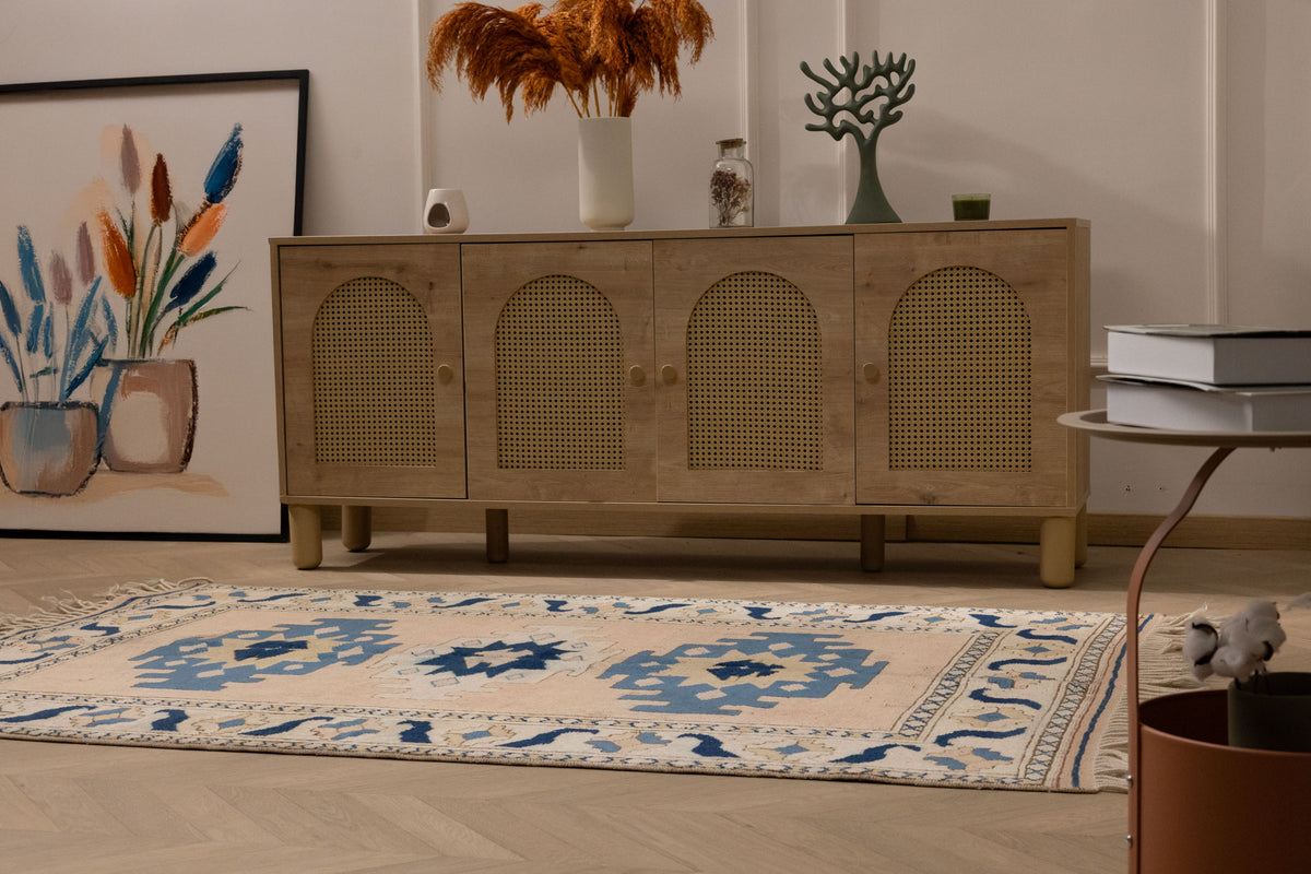 Vintage Niğde Turkish Area Rug 4x6 ft — Beige & Blue Geometric (No. 48965)