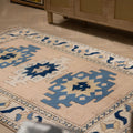 Vintage Niğde Turkish Area Rug 4x6 ft — Beige & Blue Geometric (No. 48965)