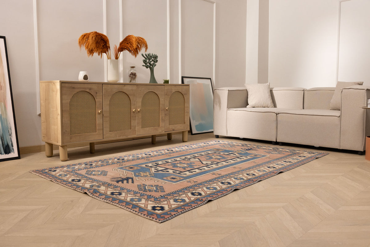 Vintage Niğde Turkish Area Rug 5x8 ft — Brown & Blue Geometric (No. 48973)