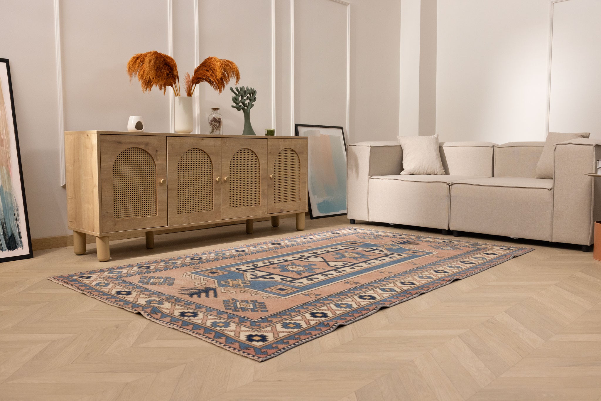 Vintage Niğde Turkish Area Rug 5x8 ft — Brown & Blue Geometric (No. 48973)