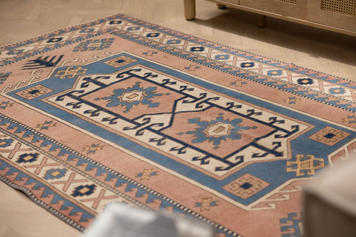 Vintage Niğde Turkish Area Rug 5x8 ft — Brown & Blue Geometric (No. 48973)