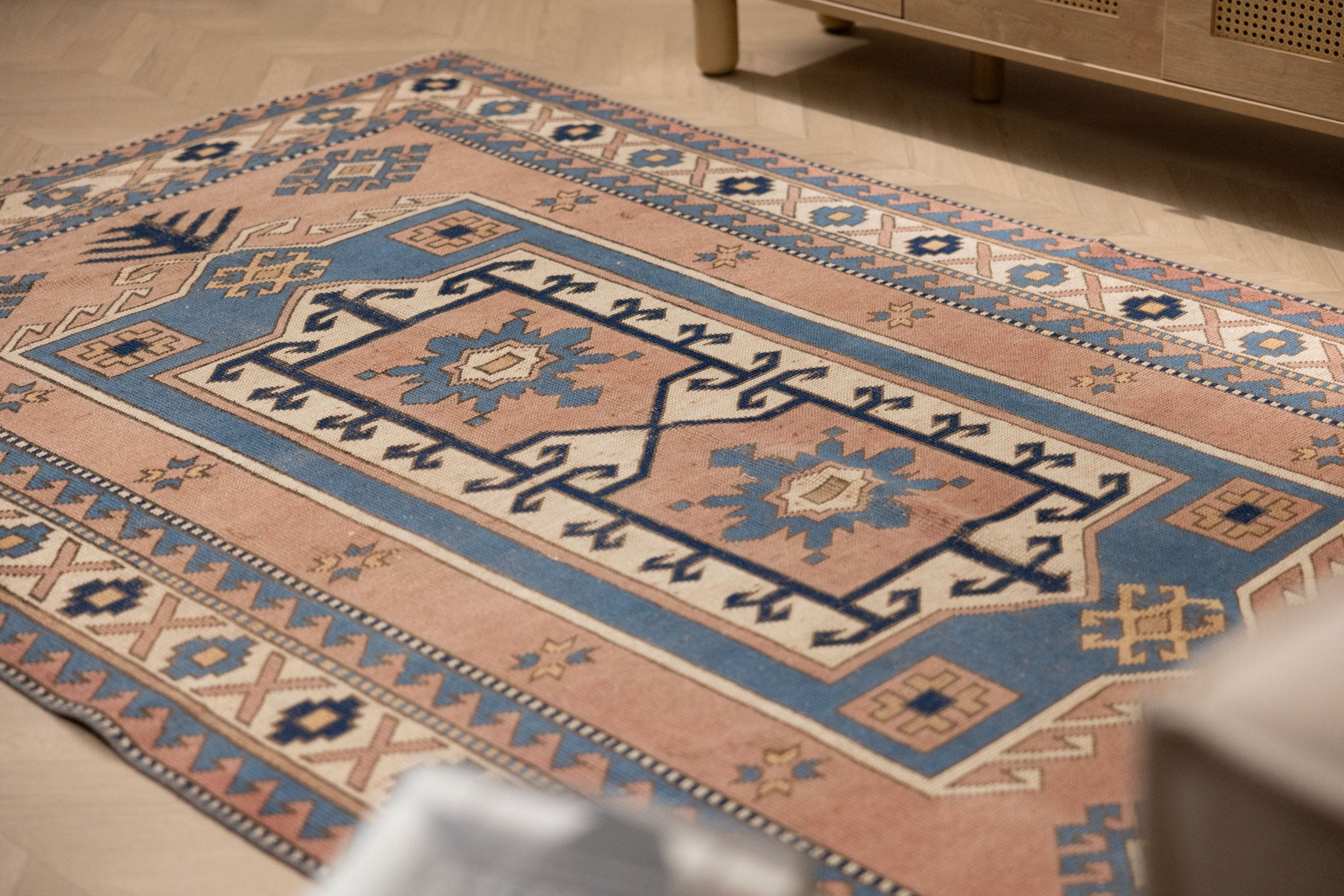 Vintage Niğde Turkish Area Rug 5x8 ft — Brown & Blue Geometric (No. 48973)