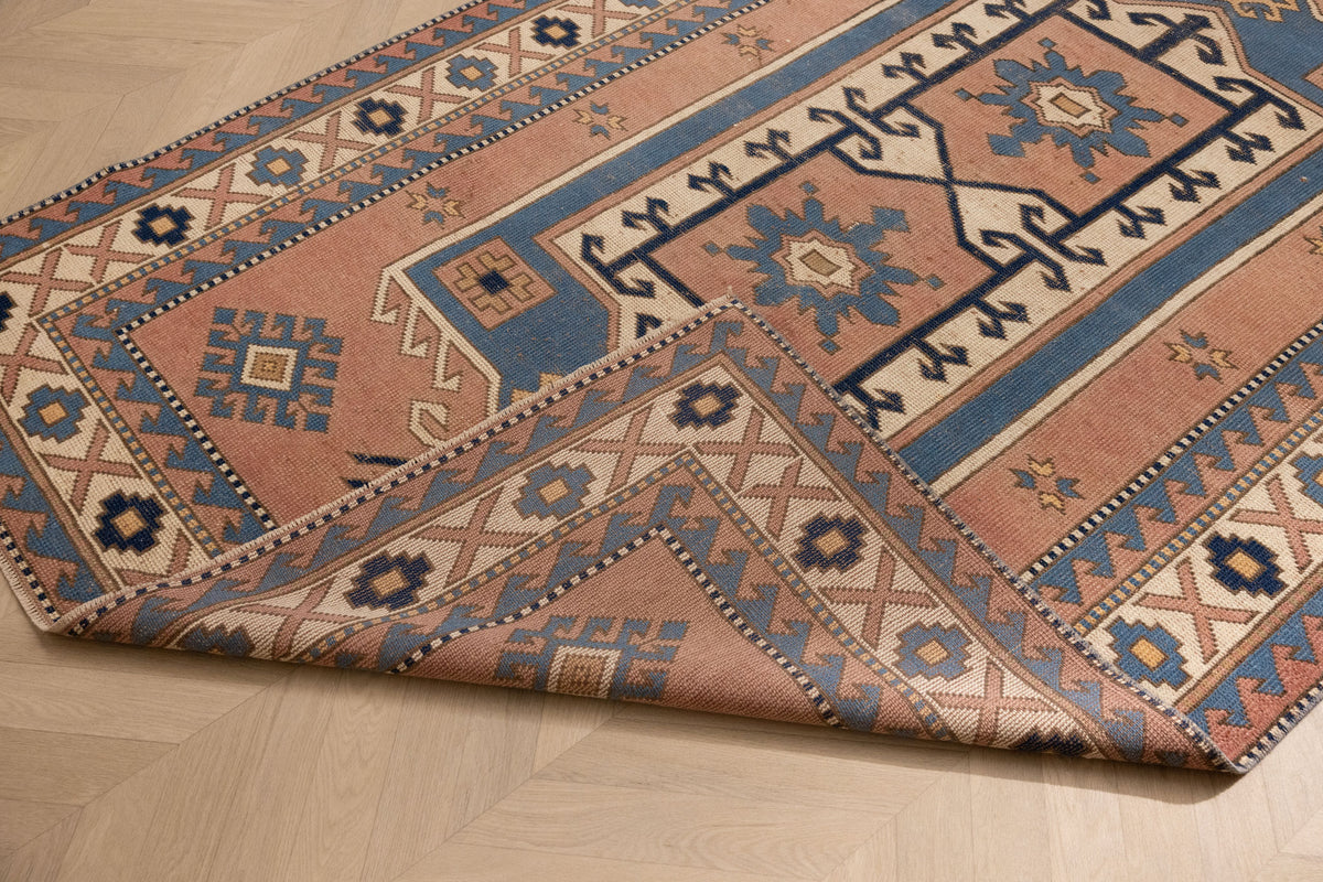 Vintage Niğde Turkish Area Rug 5x8 ft — Brown & Blue Geometric (No. 48973)