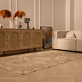 Vintage Nevşehir Turkish Area Rug 4x6 ft — Beige & White Medallion