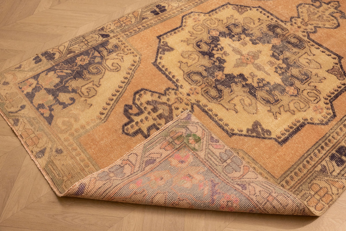 Vintage Nevşehir Turkish Area Rug 4x7 ft — Orange & Navy Medallion