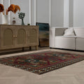 Hand-woven 4x6 ft vintage Kars wool rug with red and brown geometric patterns in a modern living room setting.
