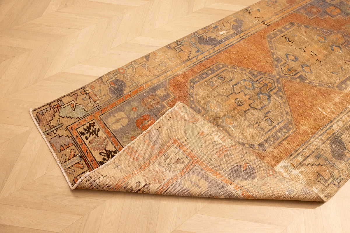 Vintage Nigde Turkish Area Rug 3x7 ft — Orange & Beige Floral