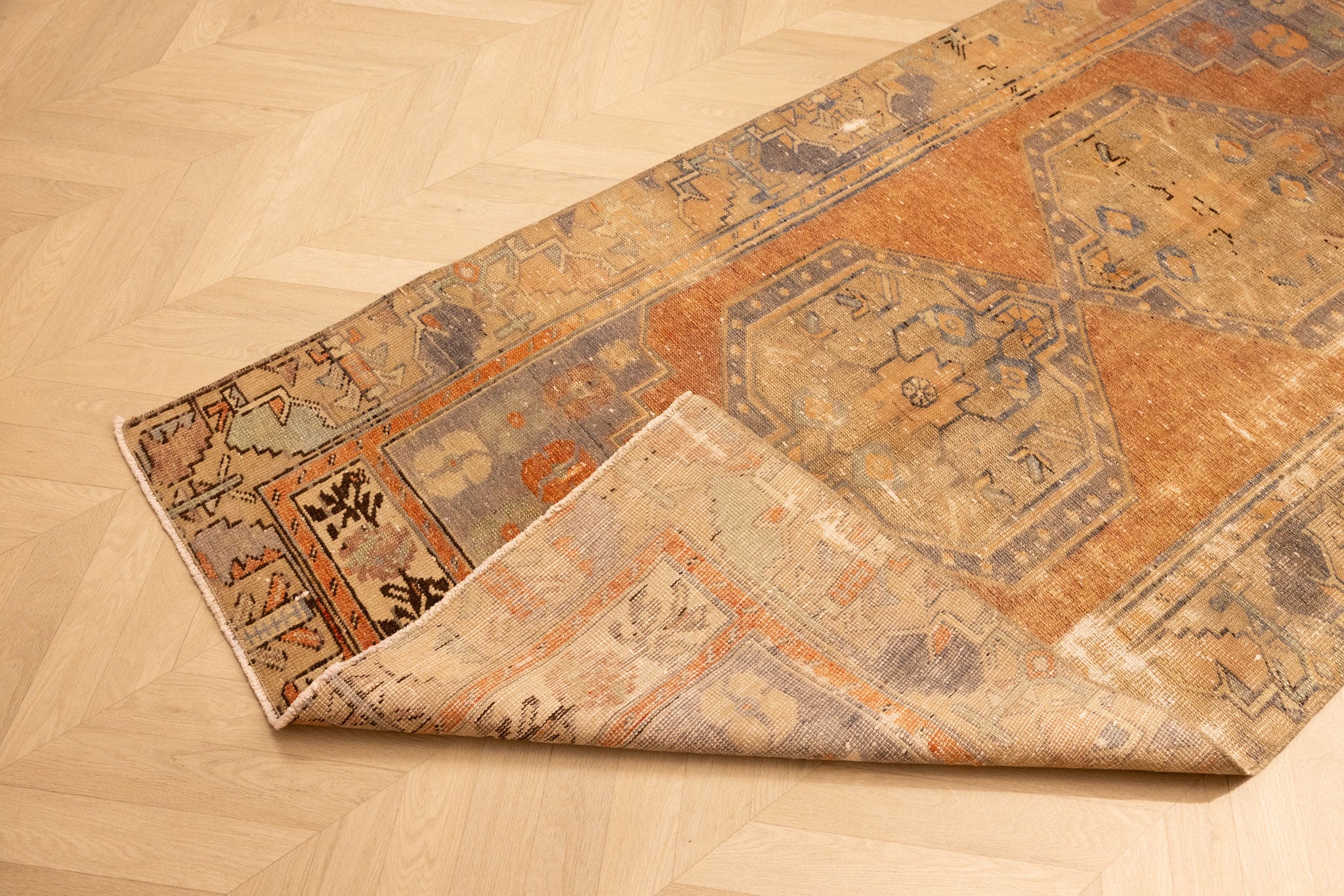 Vintage Nigde Turkish Area Rug 3x7 ft — Orange & Beige Floral