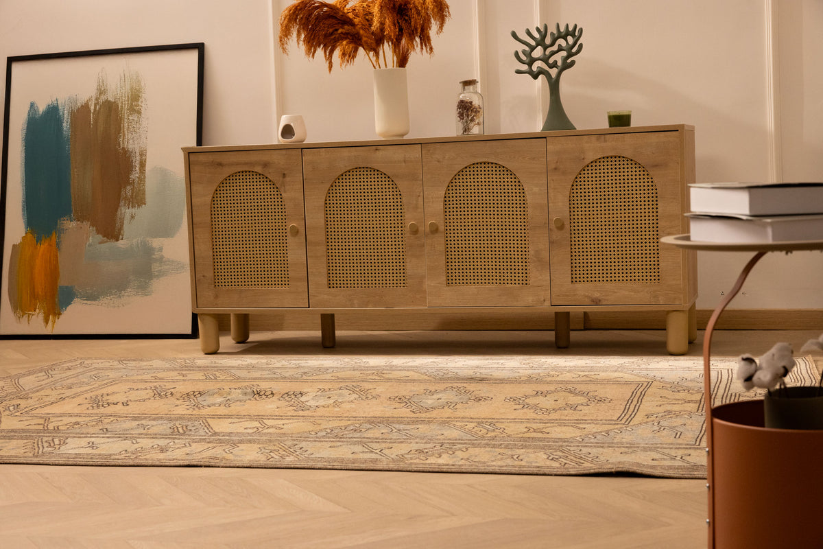 Vintage Muğla Turkish Area Rug 5x8 ft — Orange & Beige Geometric