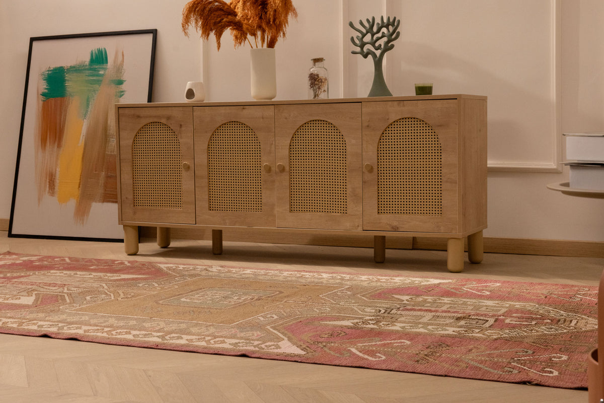 Vintage handmade Turkish runner rug in red and pink with geometric patterns, 4x11 ft wool and cotton blend.
