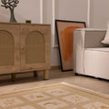 Hand-woven 4x5 ft beige and brown floral Turkish wool rug with minimalist patterns in a modern living room setting.