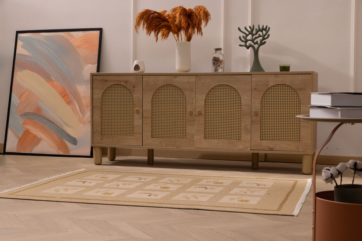 4x5 ft vintage Turkish wool and cotton area rug in beige and brown with a minimalist floral pattern.