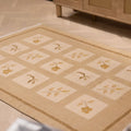 4x5 ft vintage Turkish wool and cotton rug in beige and brown with a minimalist floral grid pattern.