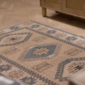 Vintage Niğde Turkish Area Rug 4x6 ft — Beige & Blue Geometric