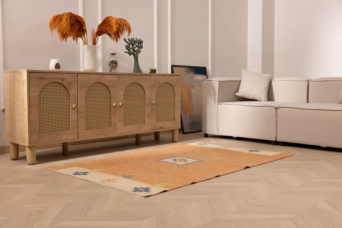 Hand-woven vintage Turkish area rug in orange and beige with geometric patterns, 3x5 ft wool and cotton flatweave.
