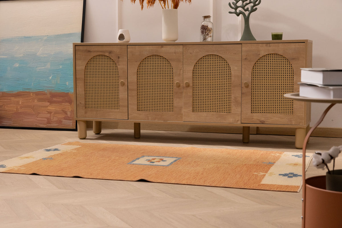 Hand-woven 3x5 ft vintage Turkish rug in orange and beige with minimalist geometric patterns and wool-cotton blend.