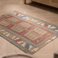 Vintage Niğde Turkish Area Rug 4x10 ft — Red & Blue Geometric