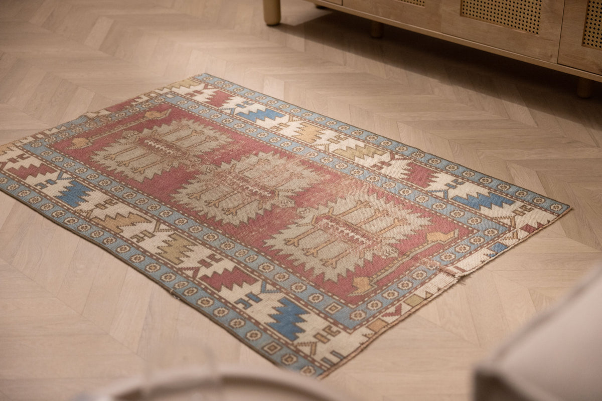 Vintage Niğde Turkish Area Rug 4x10 ft — Red & Blue Geometric