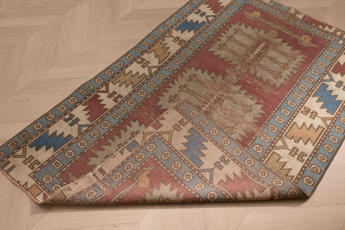 Vintage Niğde Turkish Area Rug 4x10 ft — Red & Blue Geometric