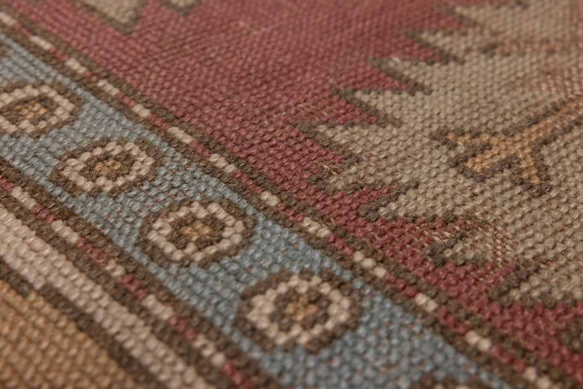 Vintage Niğde Turkish Area Rug 4x10 ft — Red & Blue Geometric