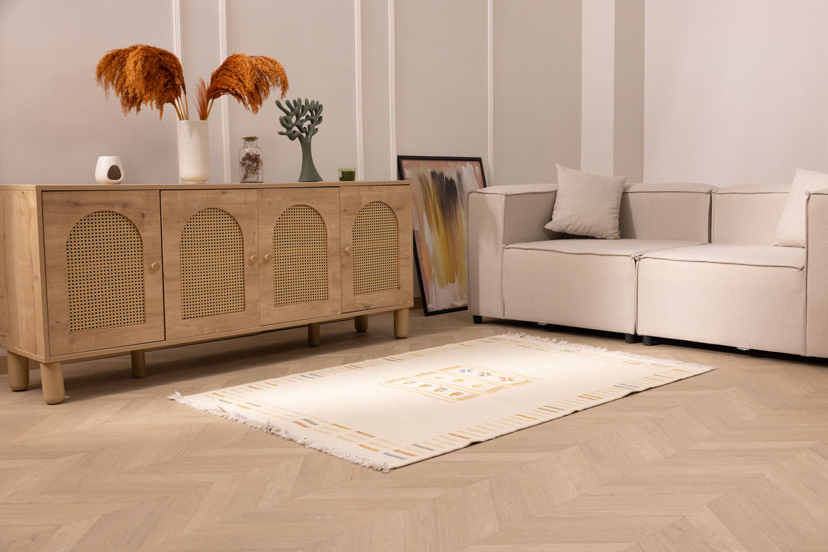 Hand-woven 3x5 ft vintage Turkish rug in beige and brown with minimalist striped patterns and a wool-cotton flatweave.