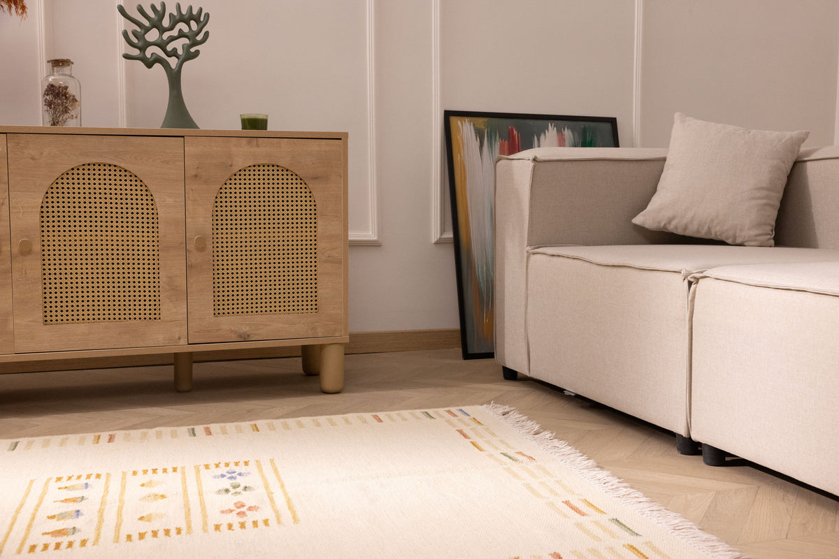 Hand-woven 3x5 ft beige and brown vintage Turkish wool-cotton rug with minimalist striped patterns and fringe detail.